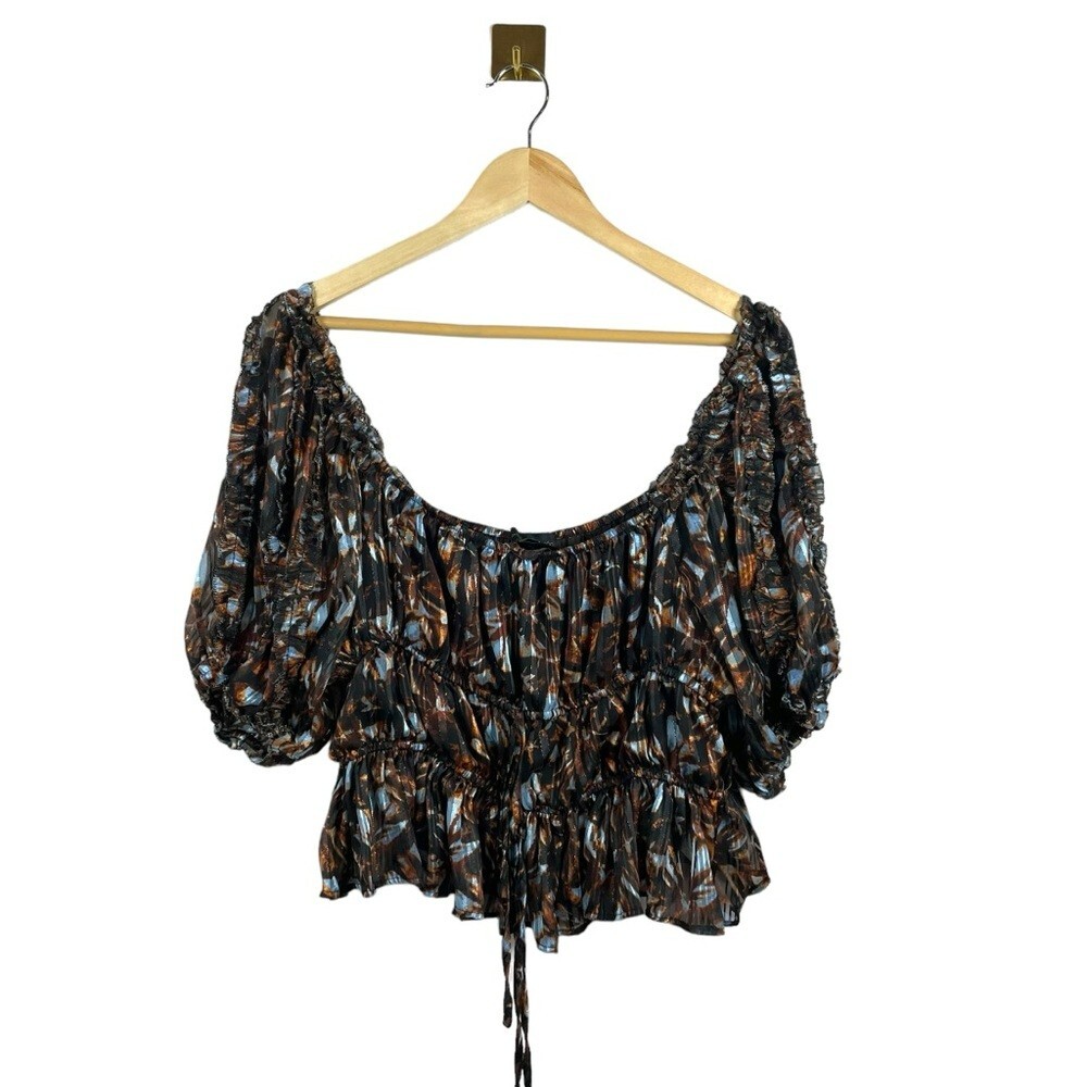 House of Harlow 1960 Revolve Metallic Abstract Puff Sleeve Blouse Brown Size L