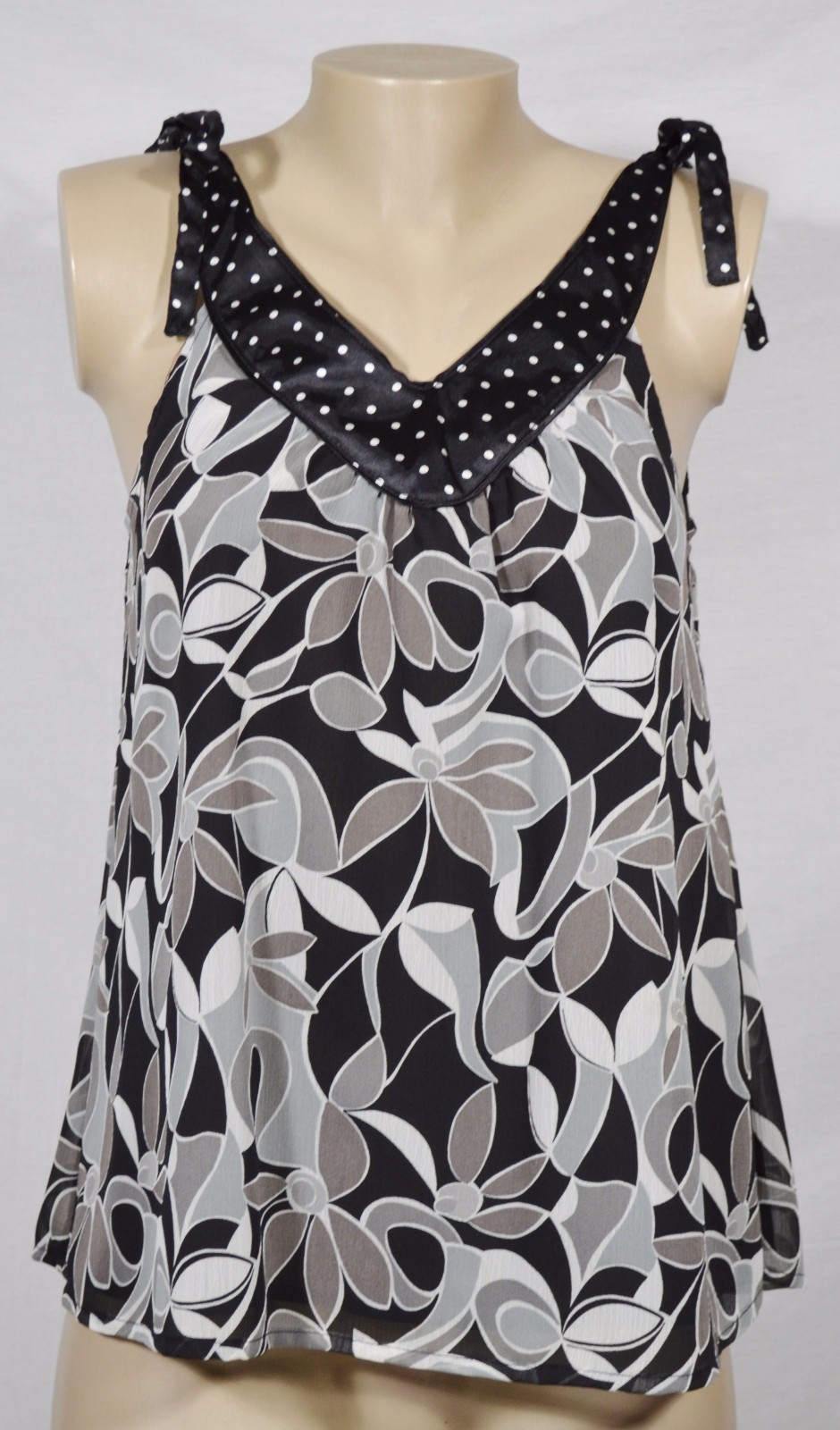 MIXIT Black Gray Patterned Sleeveless Top Small Polka Dot Neckline Tied Shoulder
