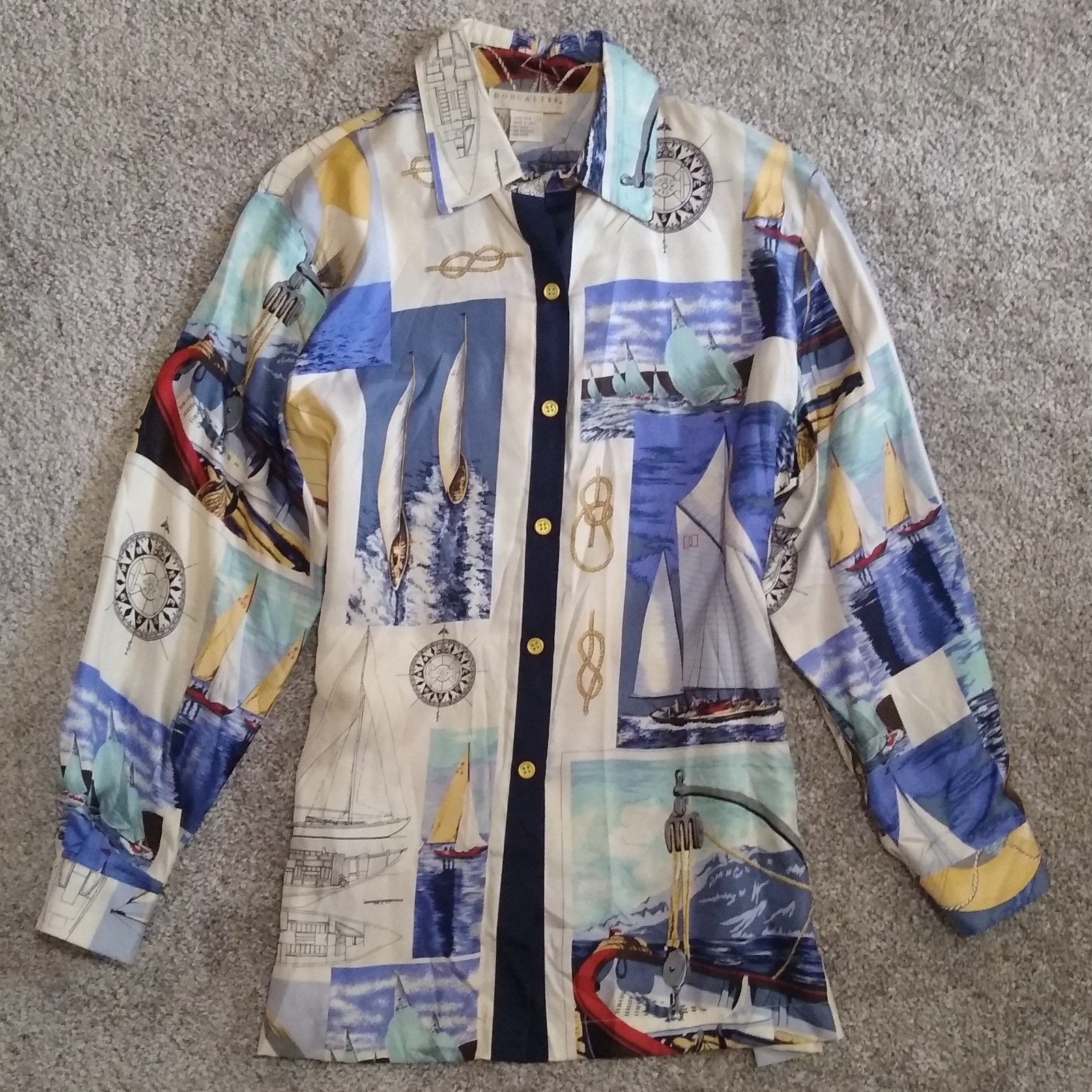 Button Down Shirt Nautical Sailing 100% Silk Blouse Vintage Doncaster Top L XL