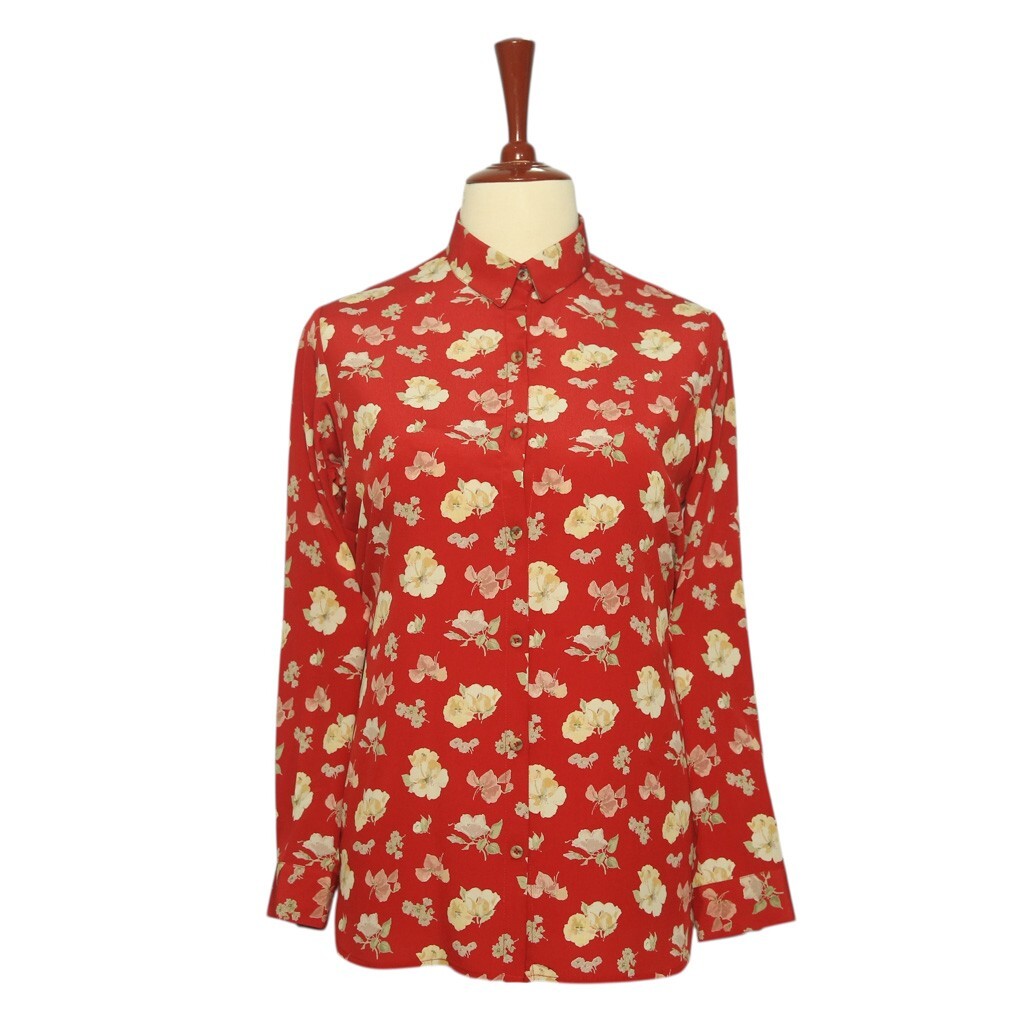 Womens Silky Chiffon Shirt Red Floral Blouse Button Up Casual Dressy Top Medium