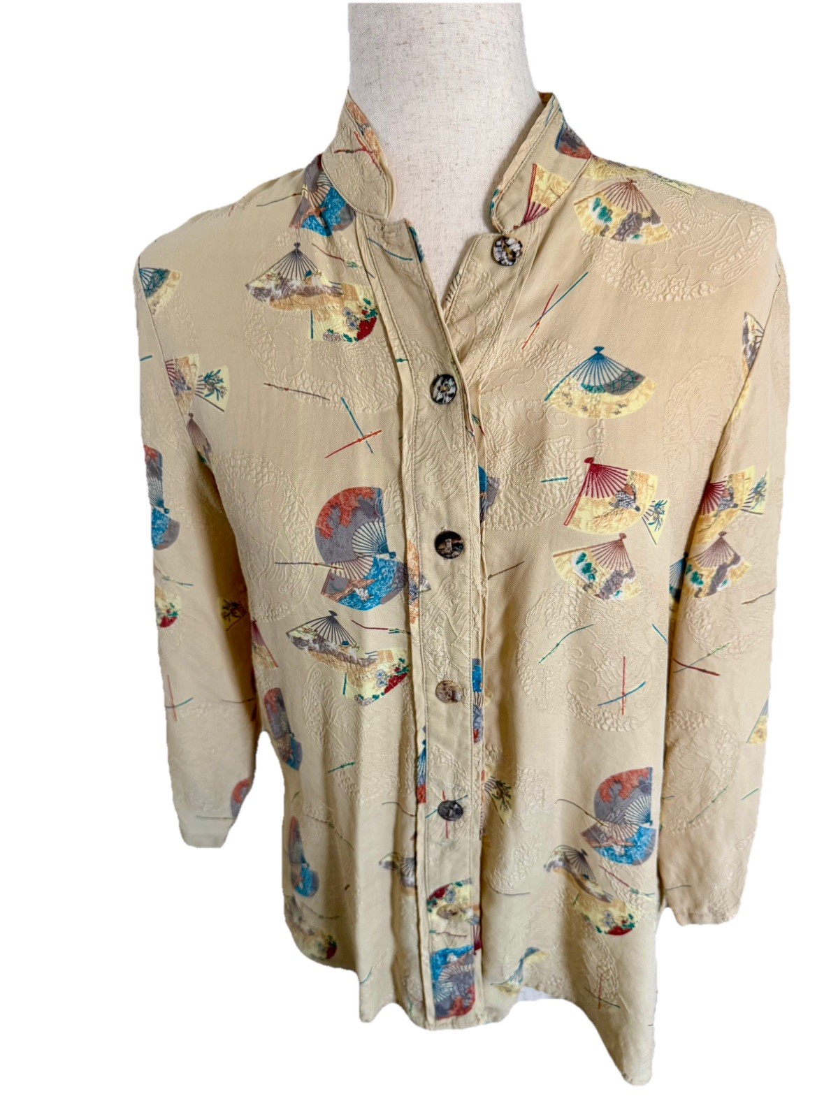CITRON Santa Monica Silk Art to Wear Asian Fan Print Mandarin Collar Top Size S