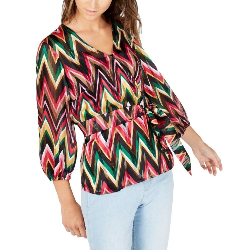 (A4) I.N.C. International Concepts Sheer Chevron Wrap Blouse XXL Colorful Zigzag