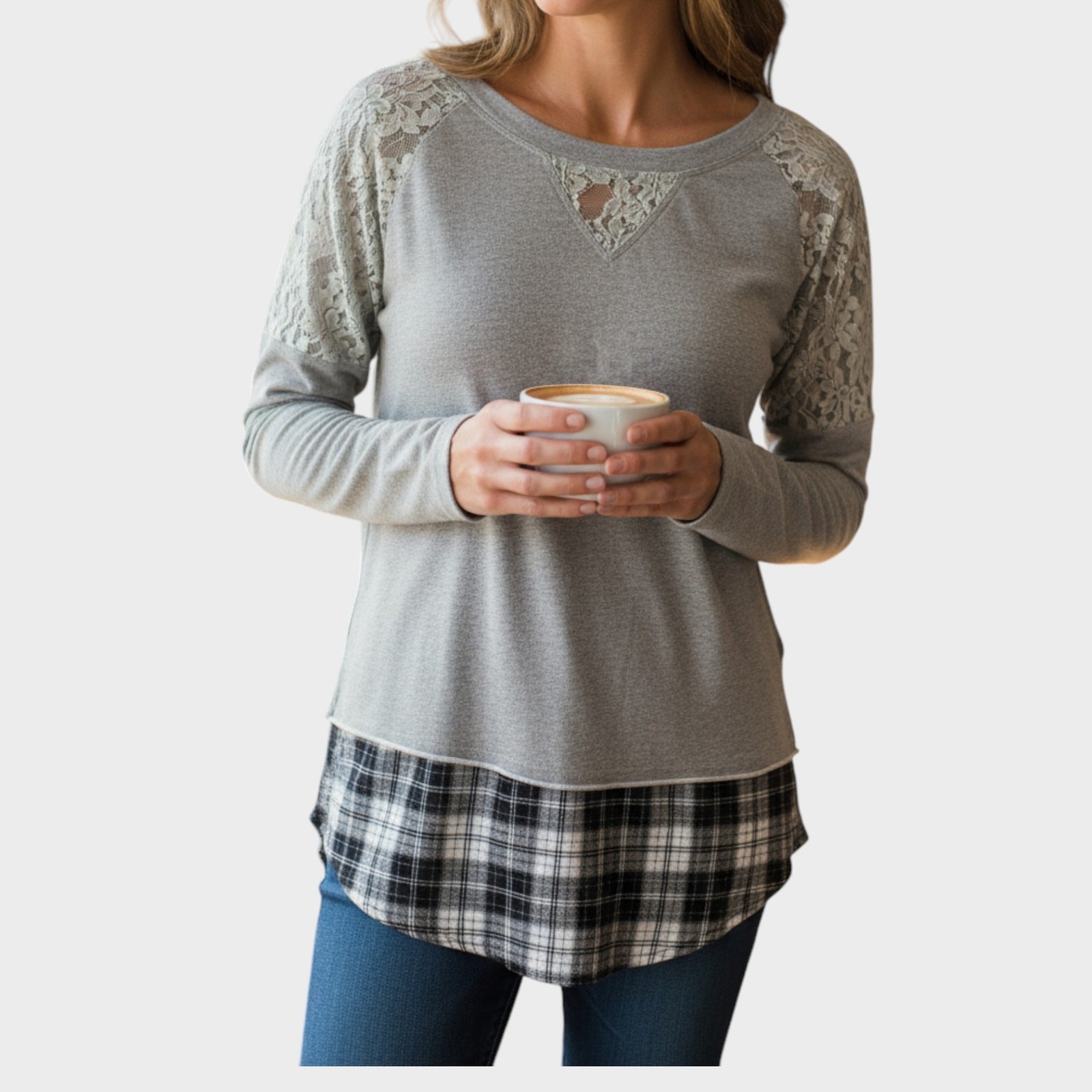 Hazel Small Lightweight Sweater Gray with Plaid Blouse Look Under Linen Blend