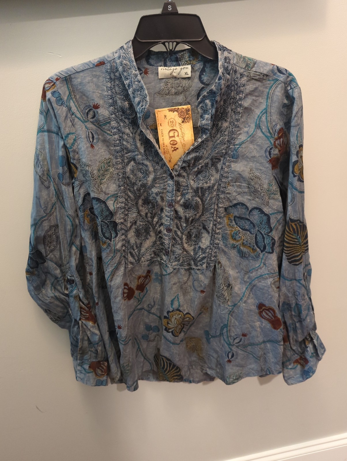 XL vintage goa Blue Multicolor Floral Embroidered Cotton Tunic Blouse Denim Wash