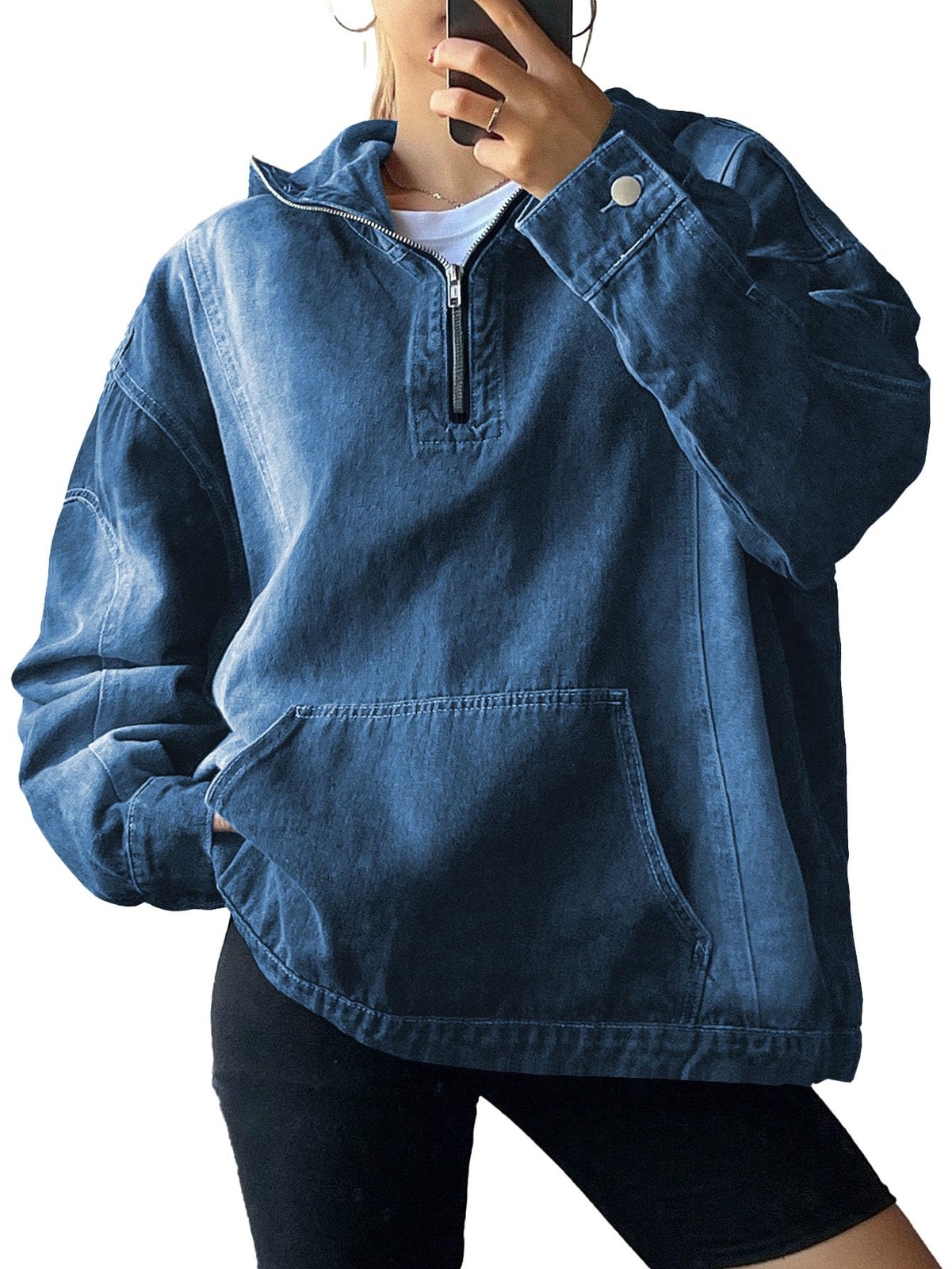 Women’s Half Zip Denim Hoodie Pullover Sweatshirt Jean Jacket with Pocket Dar…