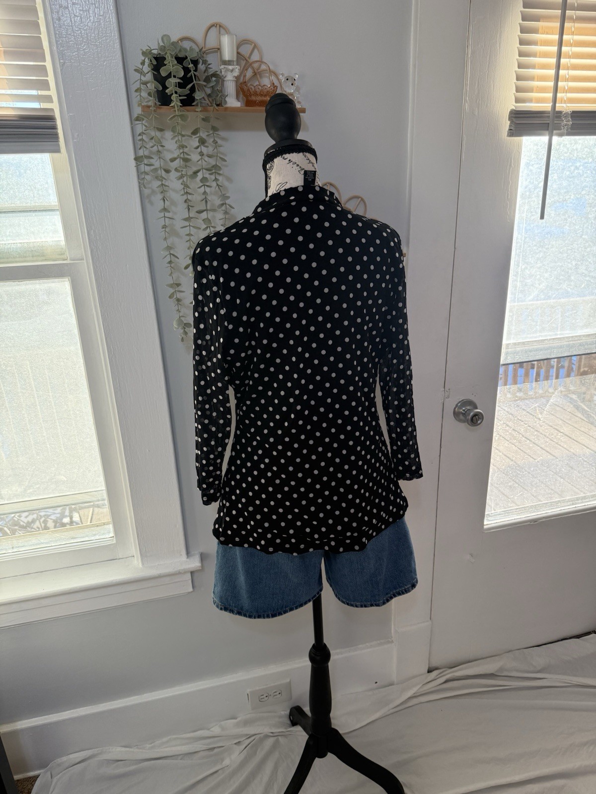 INC International Concepts Black/White Polka Dot V-Neck Button Woven Blouse XL