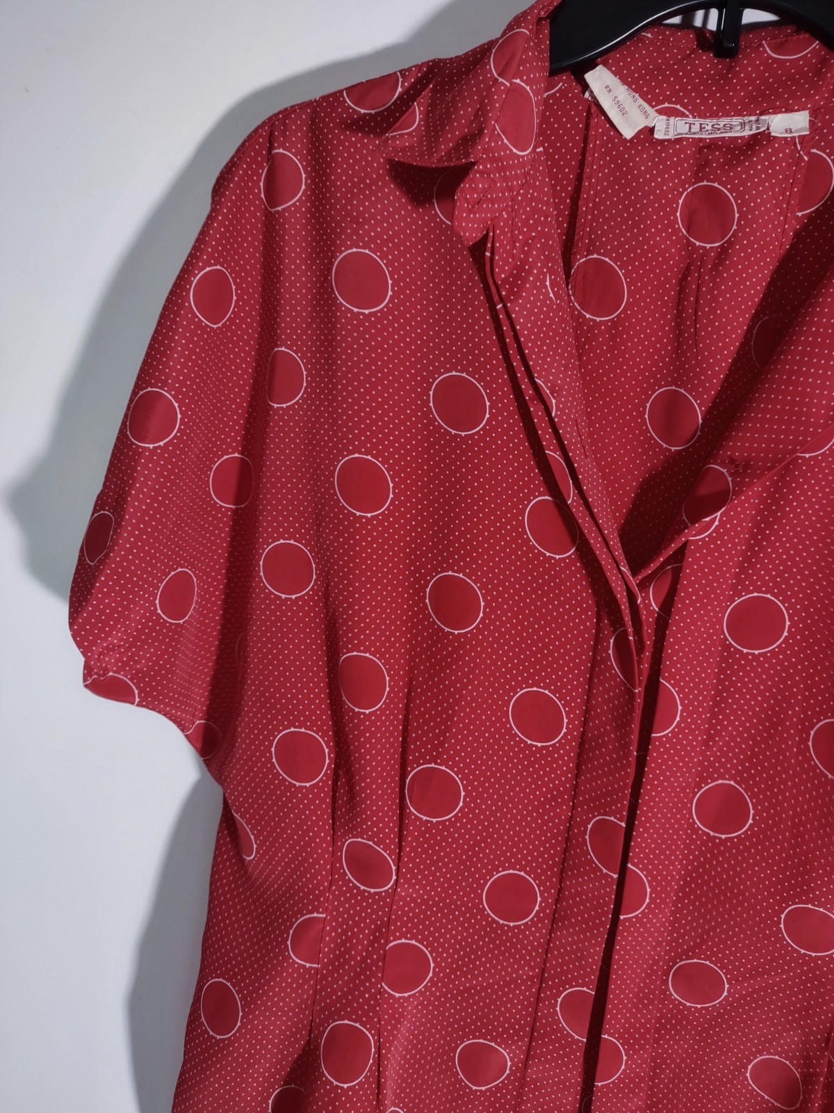 Vtg 80s Retro Pin-Up Polka Dot Red Blouse Rockabilly French twee Librarian Top