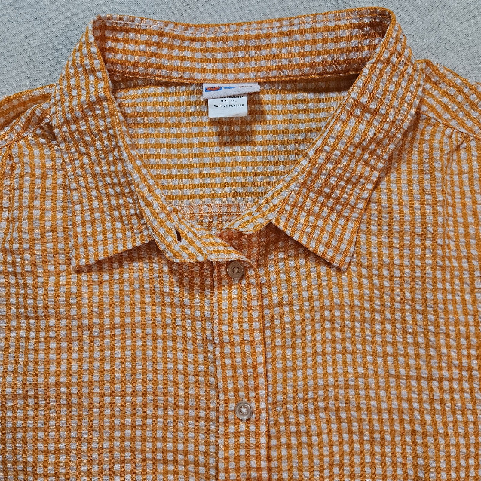 American Sweetheart Women’s 2XL Orange and White Gingham Seersucker Blouse Vtg