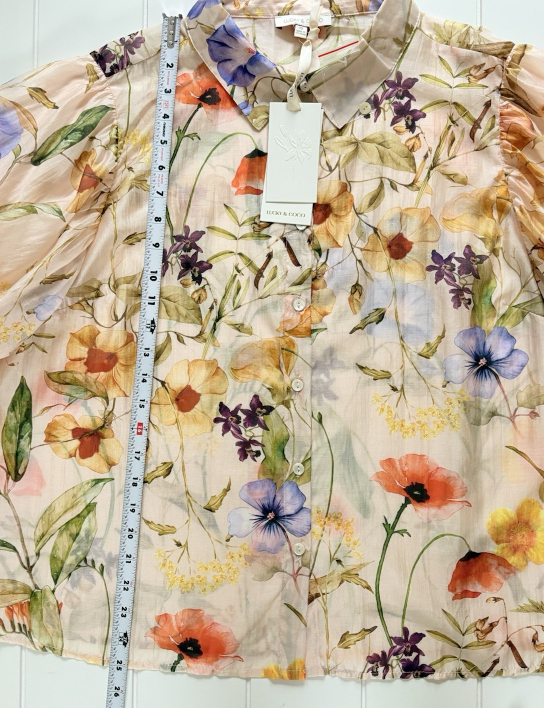 Lucky & Coco Plus Size 2X Sheer Floral Button Front Blouse Puff Sleeve Pink NWT