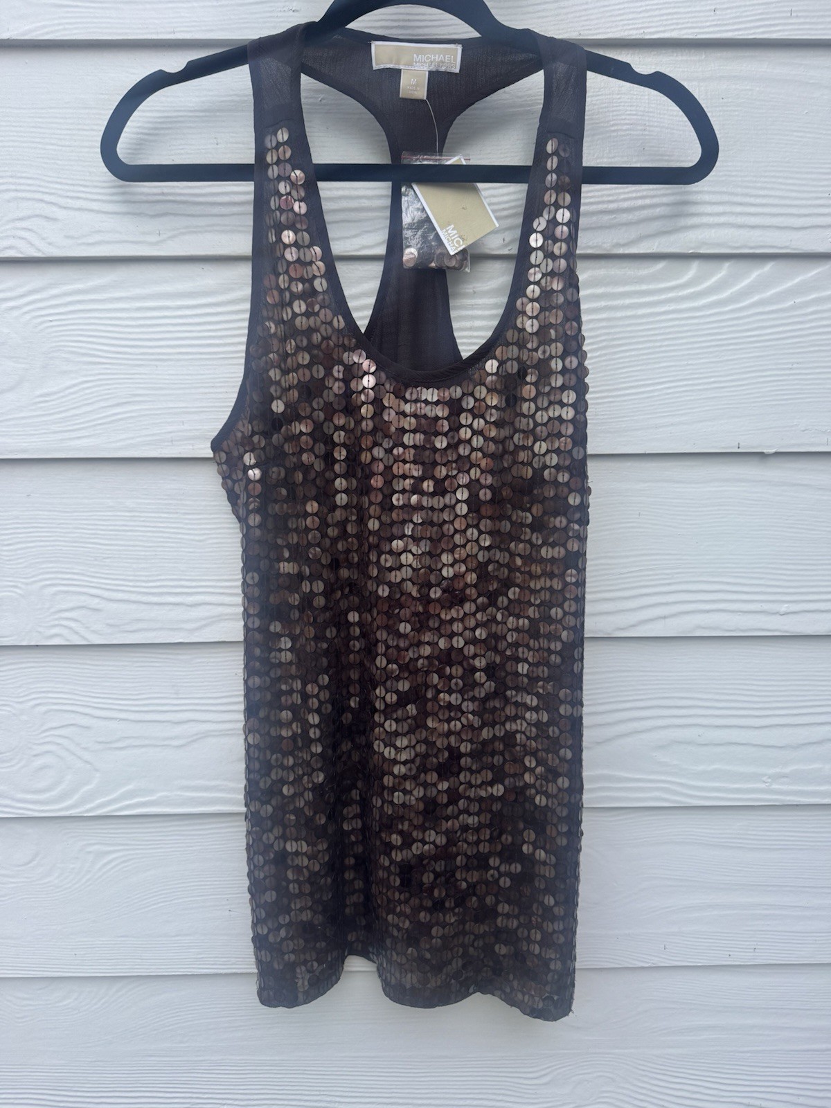 MICHAEL KORS Dark Camel Sequins Chocolate Racerback Tank Top Medium NWT New