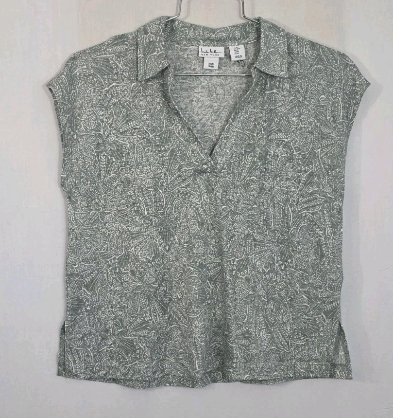 Nicole Miller 100% Linen M Polo Style Shirt Sage Floral Pullover Cottage Soft