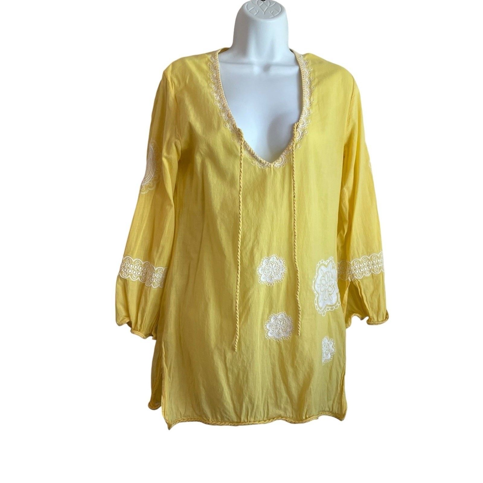 Mud Pie Women Tunic Boho Peasant Top S Yellow Embroidered Coastal Beachy Resort