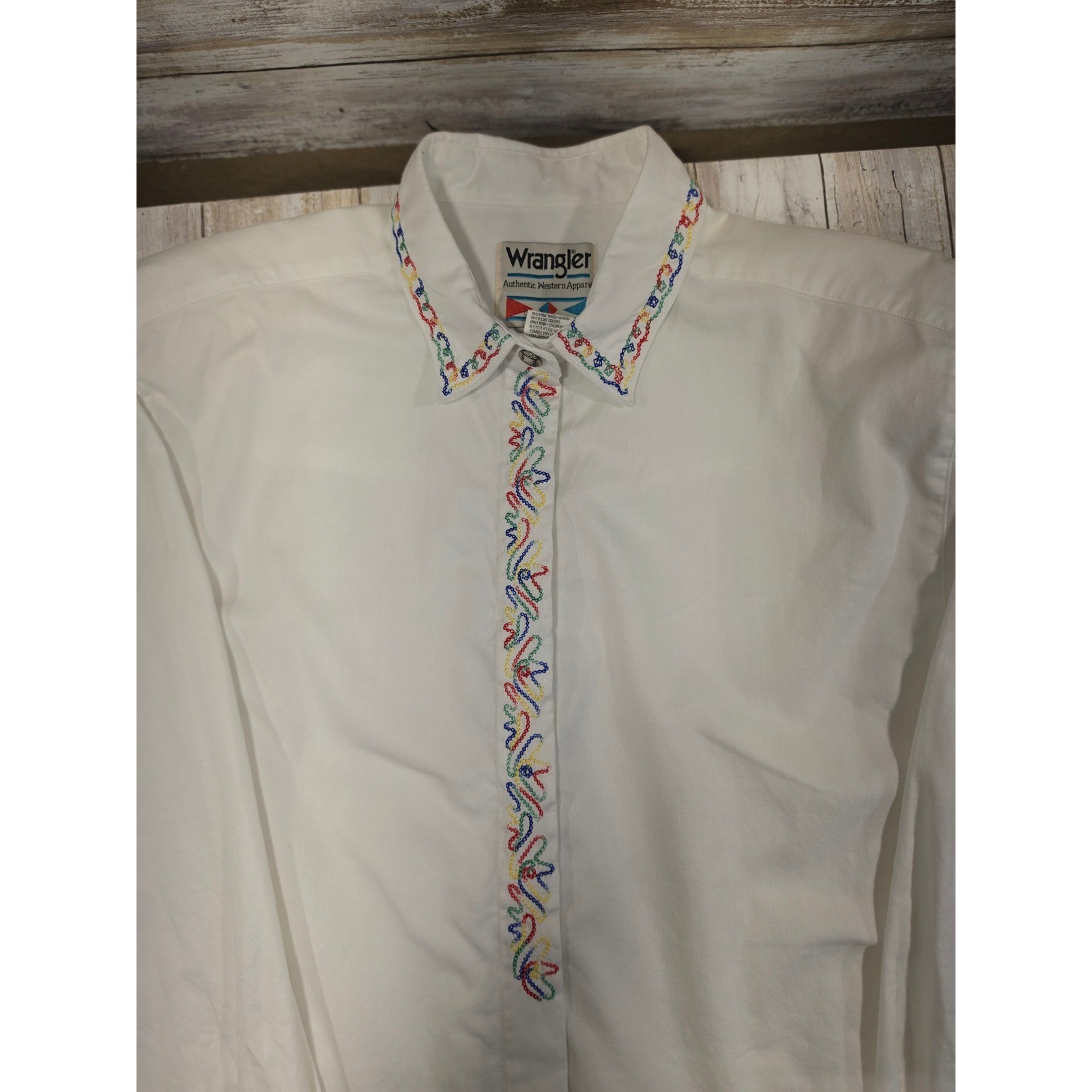 VTG Wrangler Authentic Western White Cotton Embroidered Button Down Shirt Large