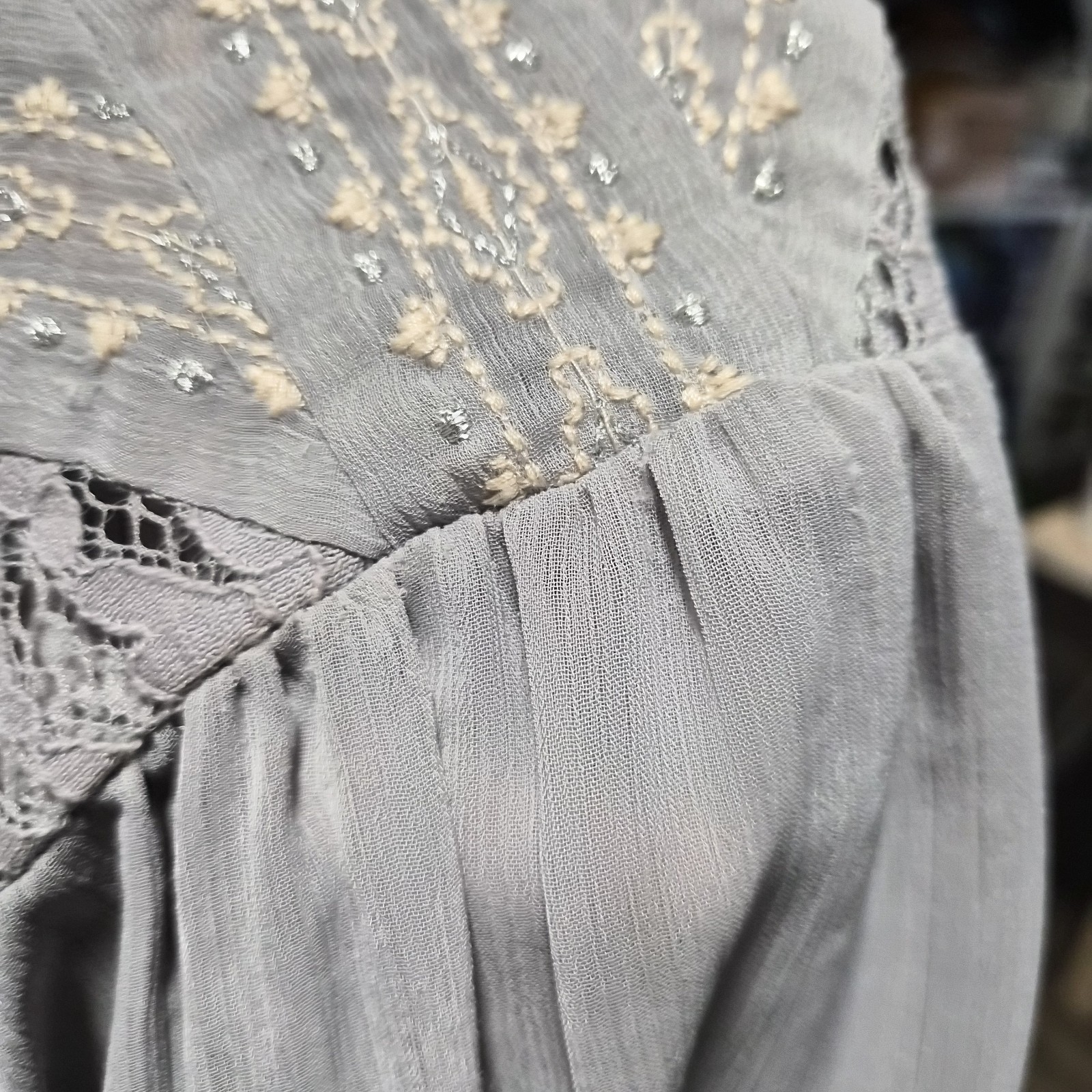 Cottagecore maurices Gray Lace Embroidered Sheer Blouse Top L Boho Fairycore Y2K