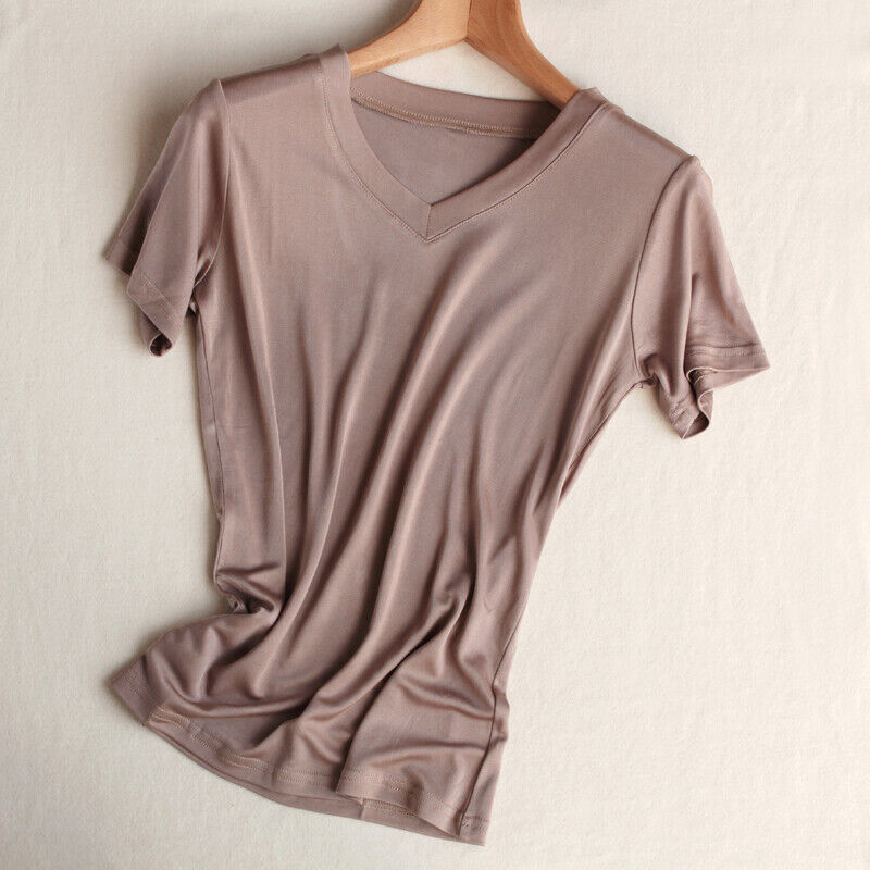 T shirt 100% silk solid color V neck short sleeve undershirts summer for women