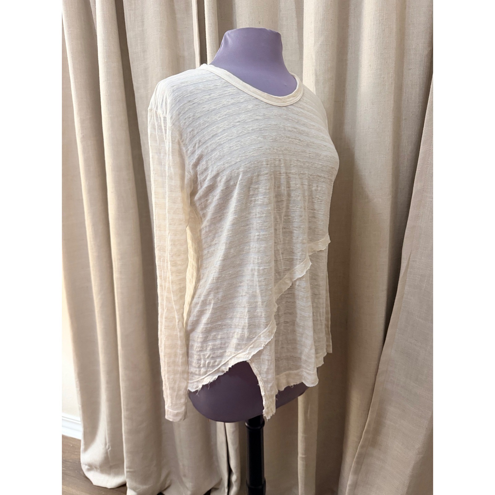 WILT Womens Long Sleeve Top Small Cream Linen Blend Raw Hem Layered Boho