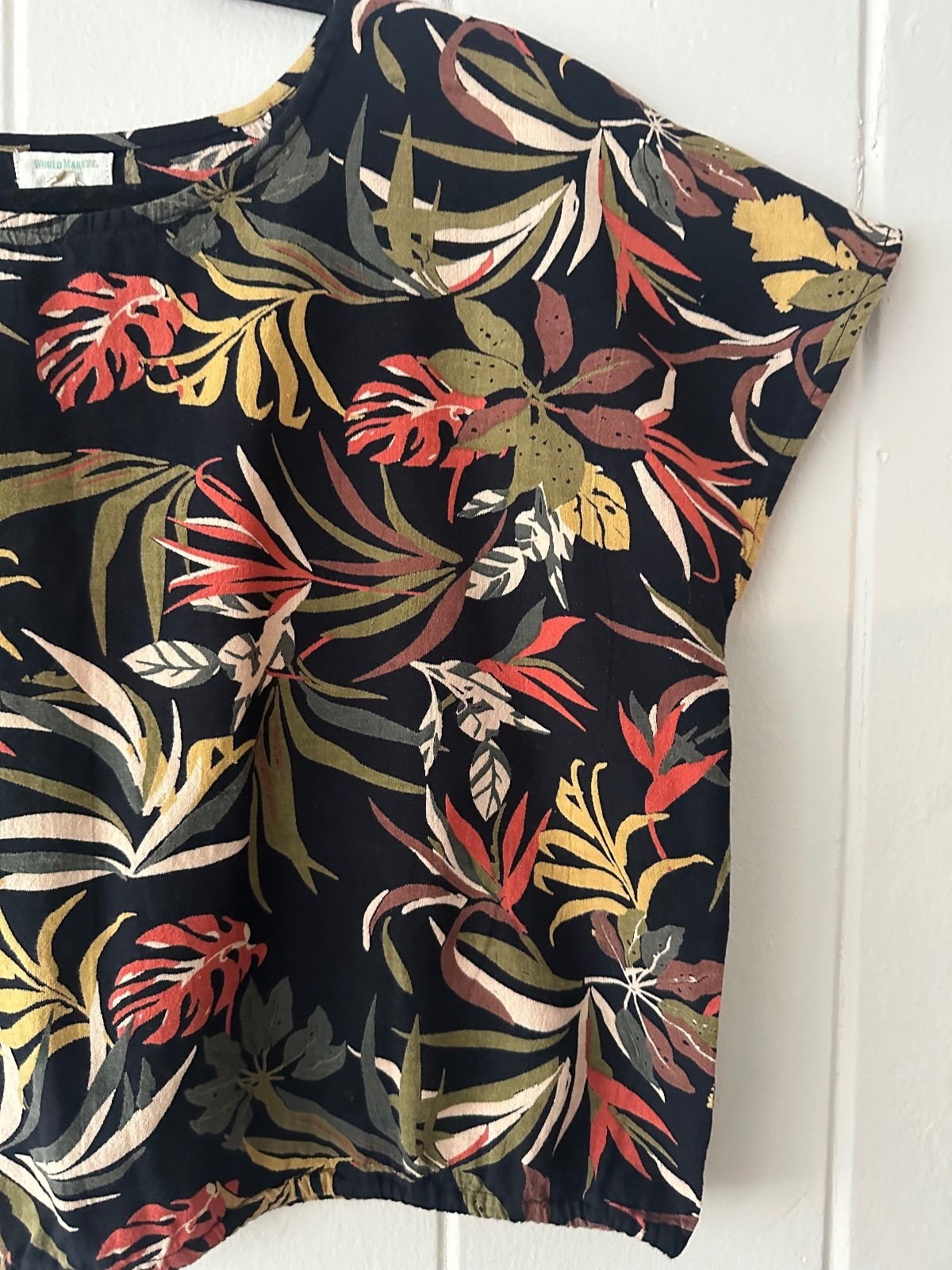 World Market Cotton Linen Blend Tropical Print Top w/ Cinch Waist Size Large/XL