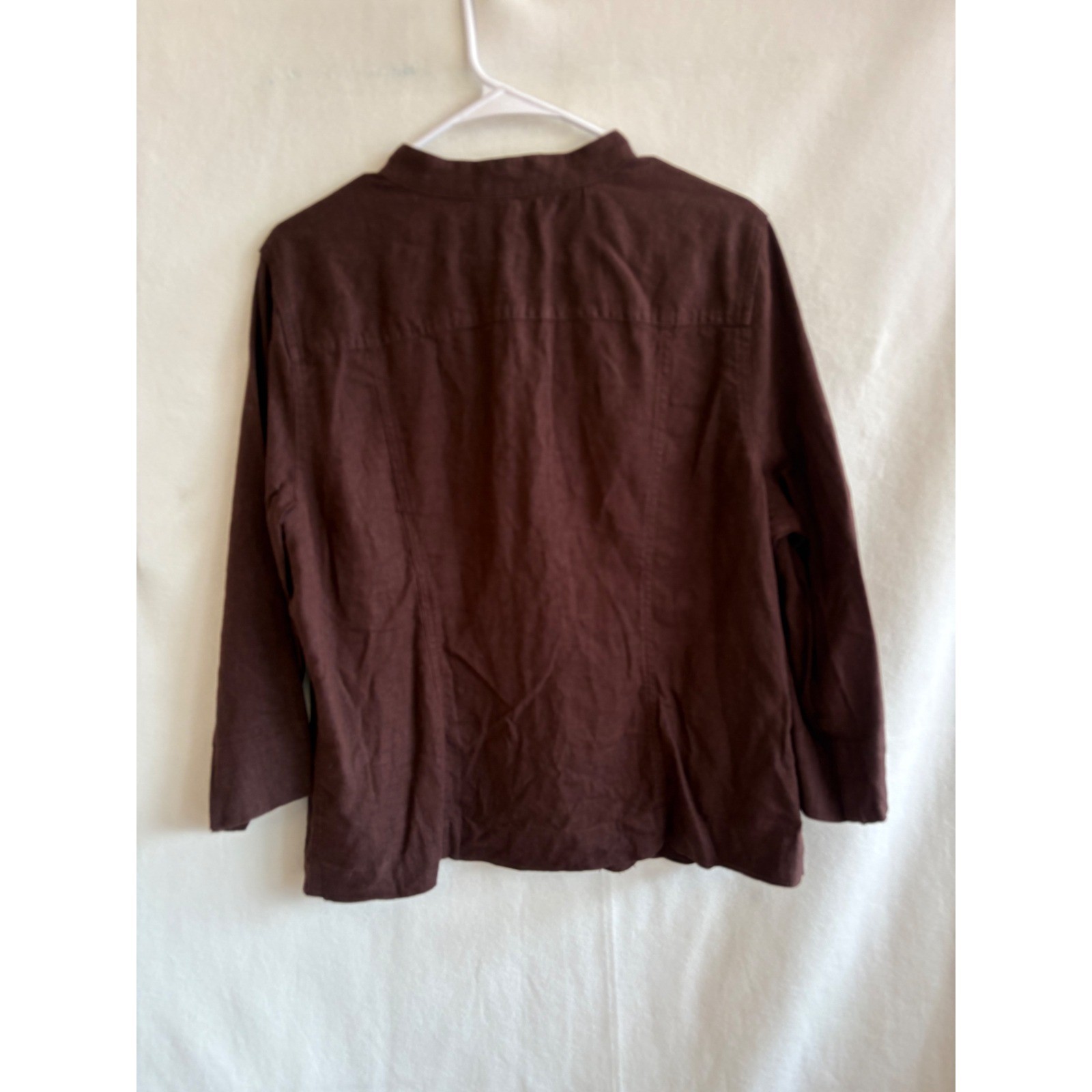 Christopher & Banks Brown Linen Blend Mandarin Collar 3/4 Sleeve Shirt Large