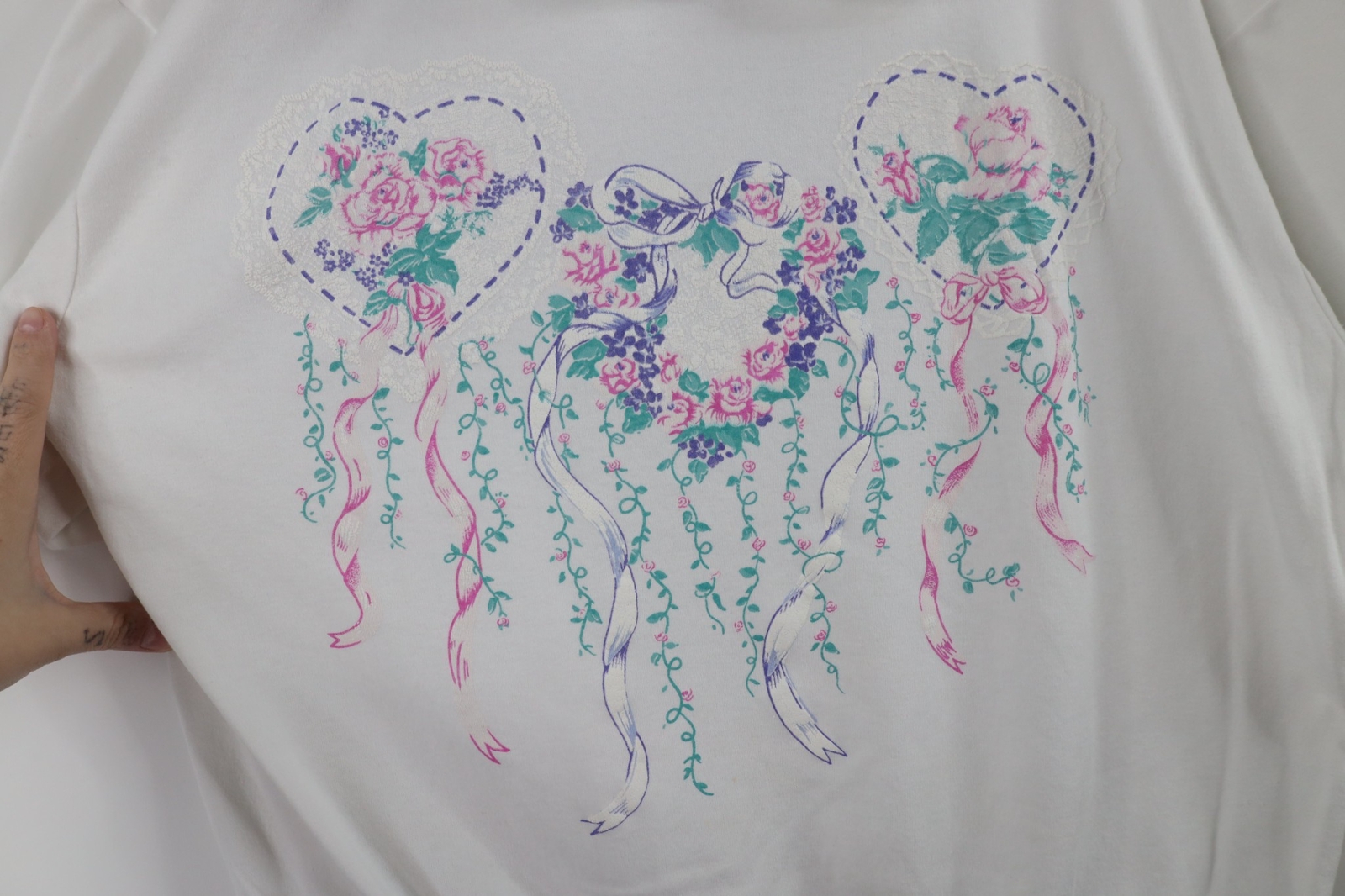 Vtg 90s Country Primitive Womens Large Lace Flower Heart Collared Polo Shirt USA