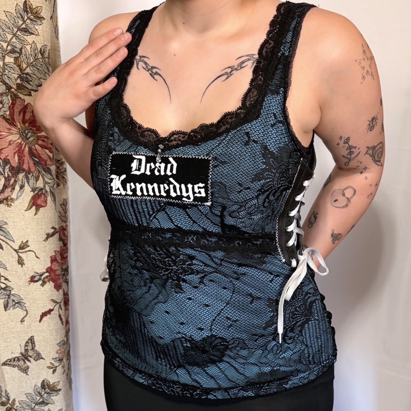 Dead Kennedys Custom Black and teal tank top with lace and grunge detailing