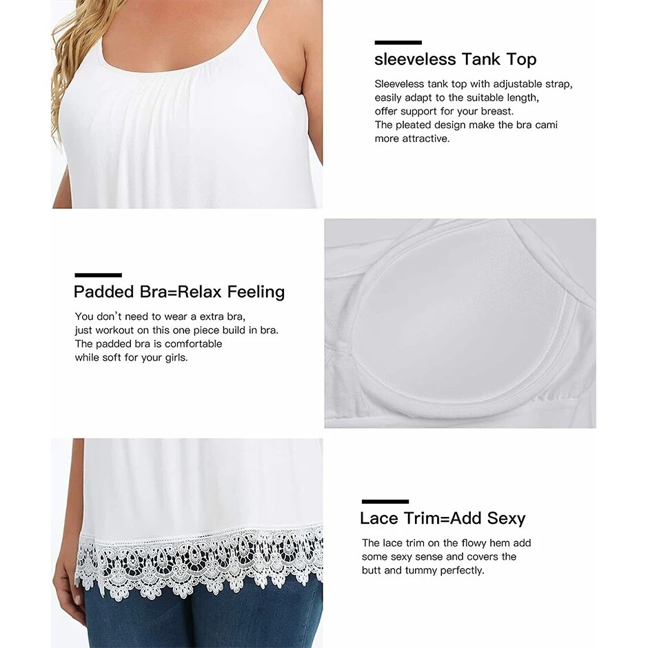 Women Built in Bra Cup Comfy Casual Flowy Relaxed Swing Pleated Lace Cami Vest