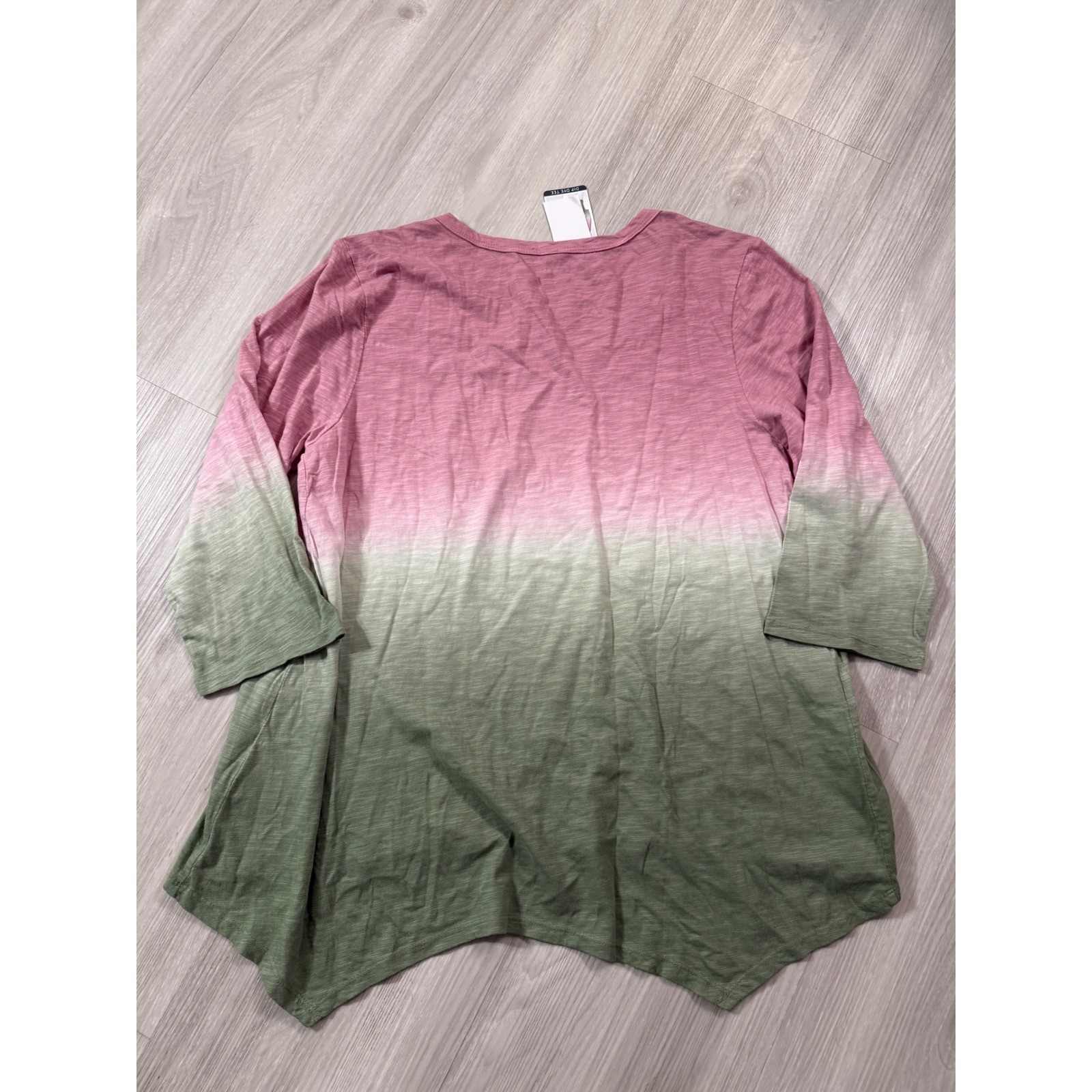 Seven7 Womens Dip Dye Tee Pink Olive Green Ombre Sharkbite Hem Top Size L NWT
