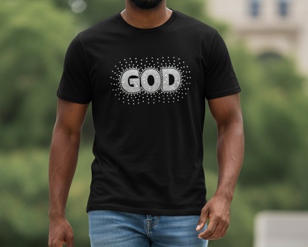 Custom White Rhinestone And HTV Design “GOD” Print Male Black Large