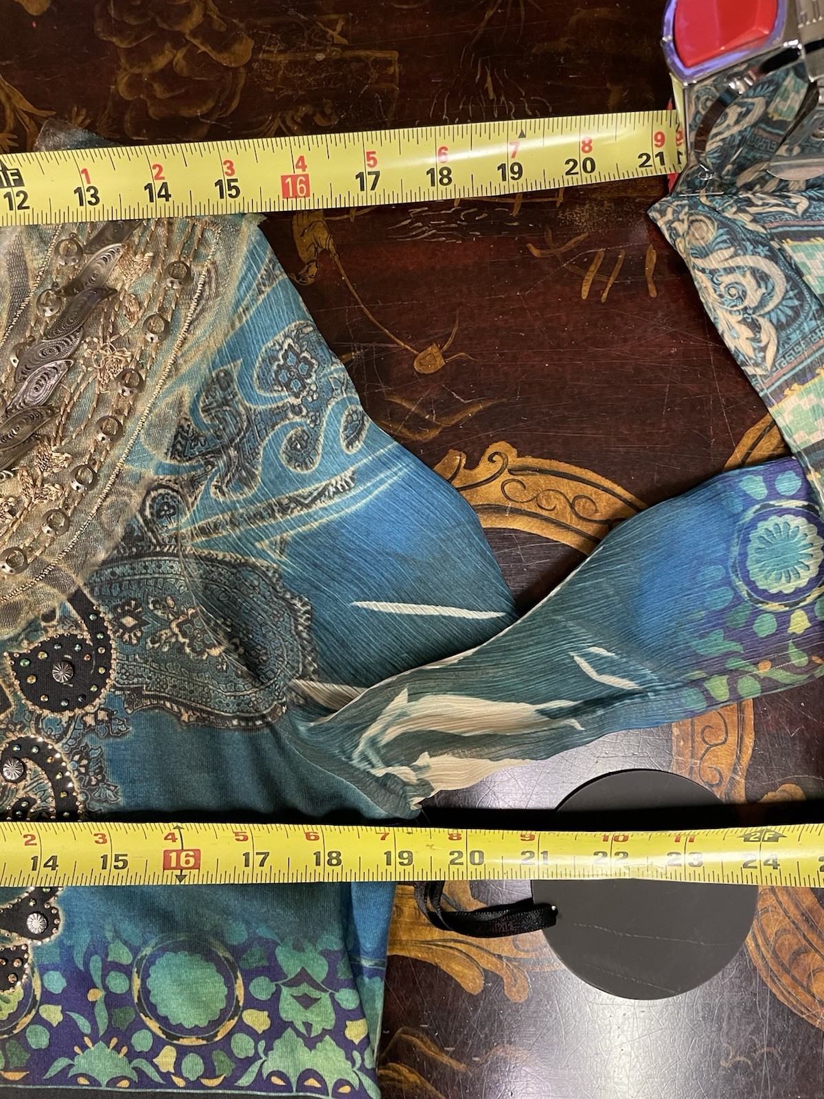 Blue Green Gold Beaded Embroidered Paisley Sheer Sleeve Tunic Festival Fairy XL