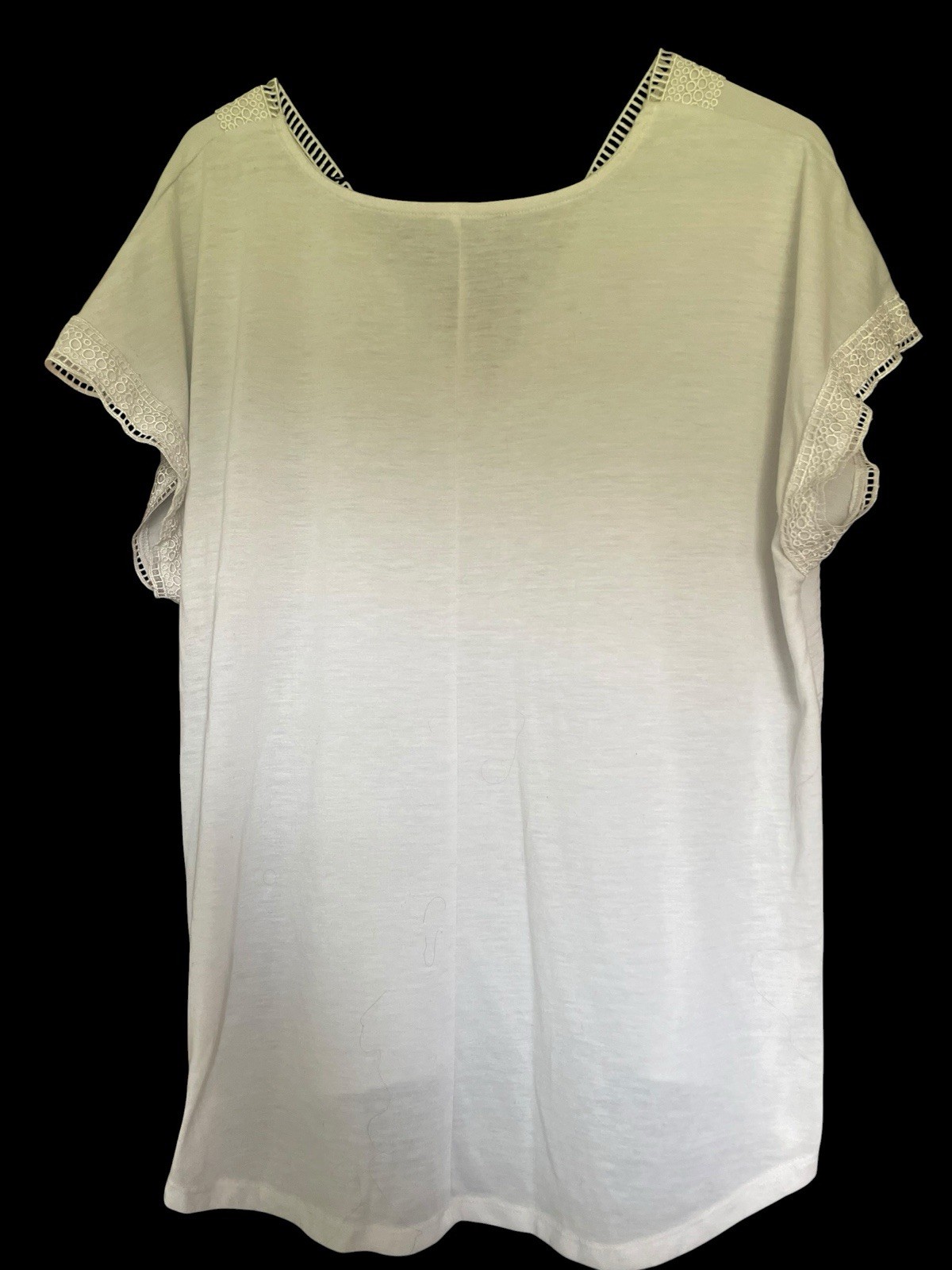 Fred David White Solid V-Neck Short Sleeve Lace Trim Tunic Blouse Size L