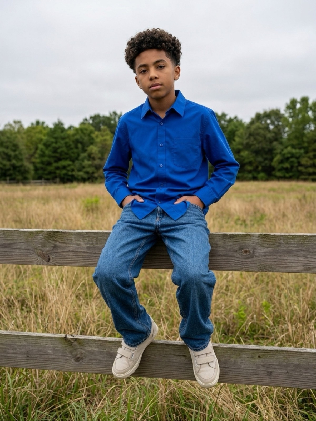 Jones New York Signature Boys Long Sleeve Button Down Shirt Blue