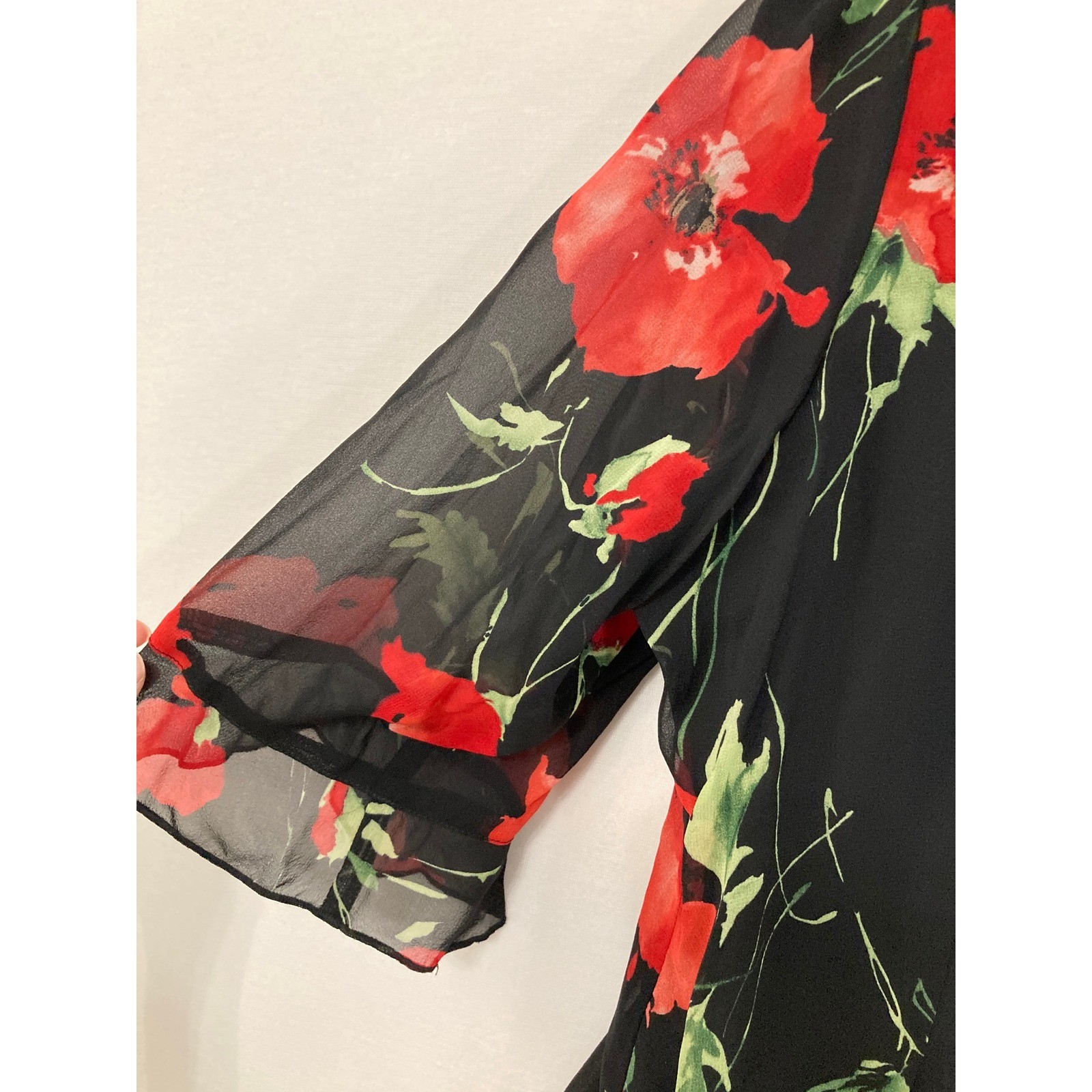 Emma James Silk Blouse size 14 Black Red Poppy Floral Ruffle Sheer 3/4 Sleeve