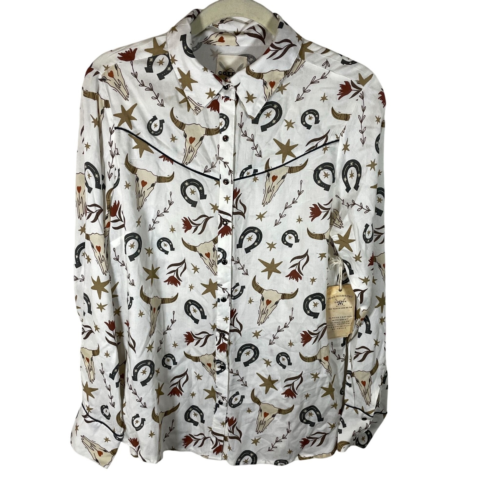 Cotton & Rye The Cowpoke Blouse Women Small Western Pearl Snap Horseshoe