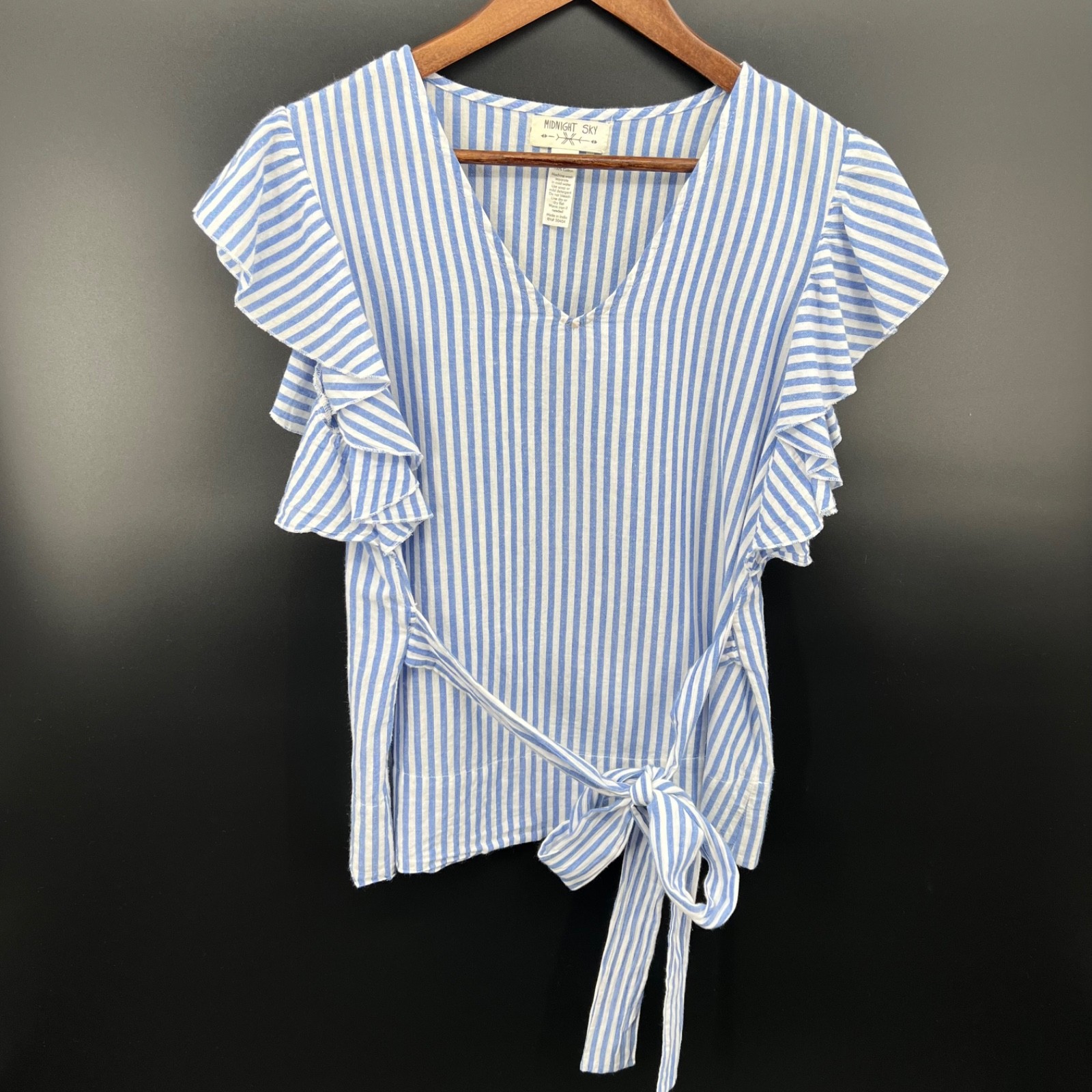 Flutter Sleeve Women M Cotton Top Coastal Nautical Blue White Stripe Waist Tie