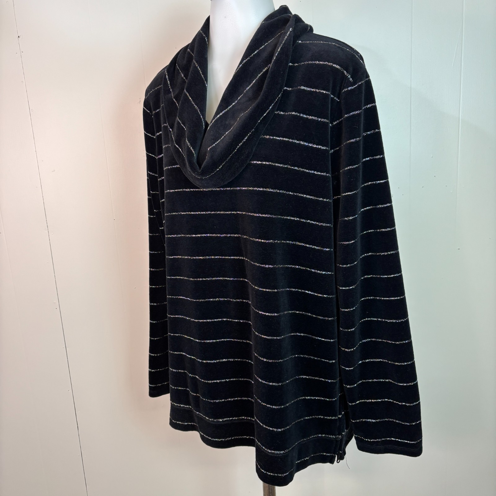 Talbots Top Large Black Velour Cowl Neck Silver Sparkle Stripe Long Sleeve Shirt