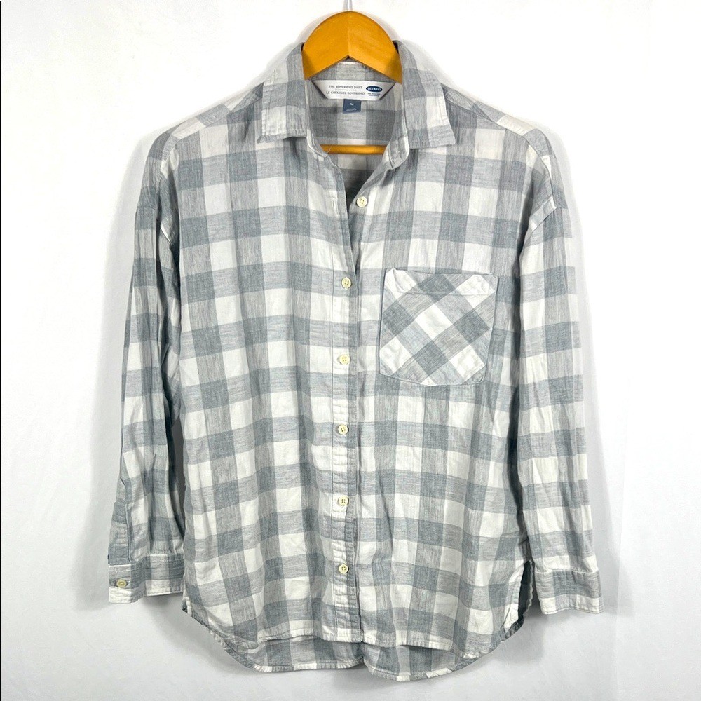Old Navy Gray & White Checkered Women’s Shirt Long Sleeve The Boyfriend Shirt