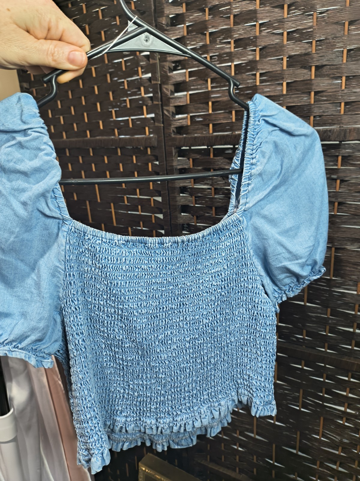 Love Tree S Blue Smocked Square Neck Puff Sleeve Button Accent Front Crop Top