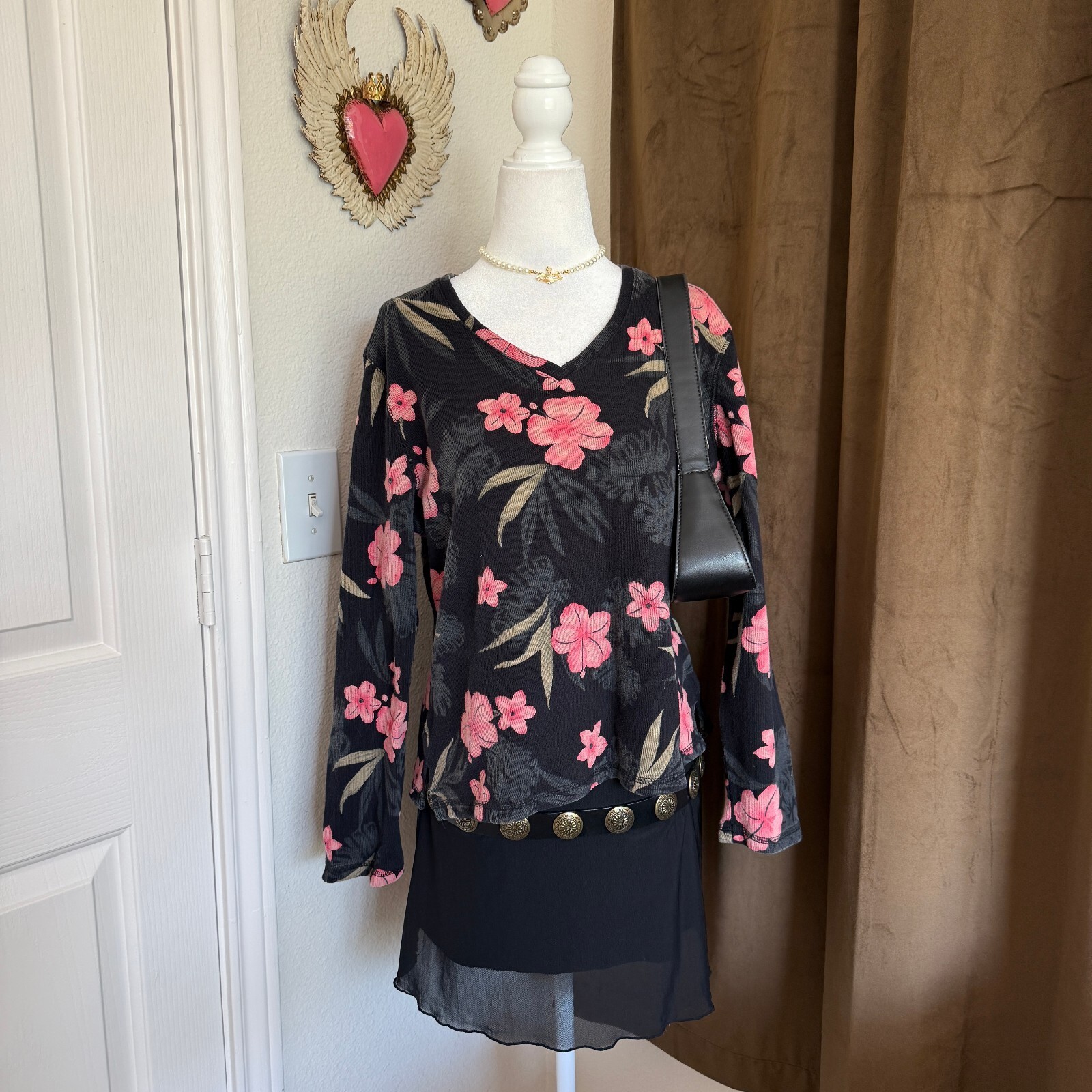 Jamaica Bay Y2K Black Floral V-Neck Long Sleeve Ribbed Top Size L Cotton