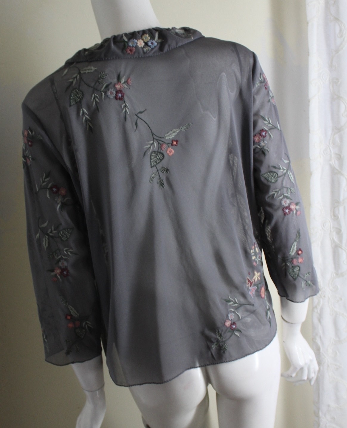 j.jill S Gray Vintage Frilly Embroidered Feminine Mesh Cardigan Topper Jacket