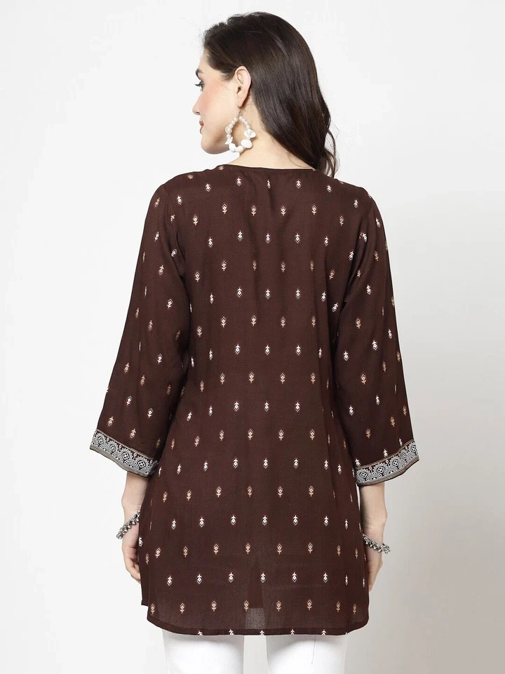 Indian Women Rayon Coffee Brown Floral Printed Top Tunic Kurta Kurti New Dress