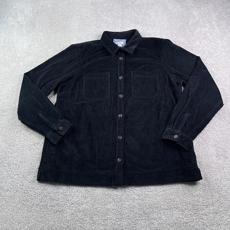 LL Bean Shirt Women Large Black Comfort Corduroy Button Up Chore Barn Shacket