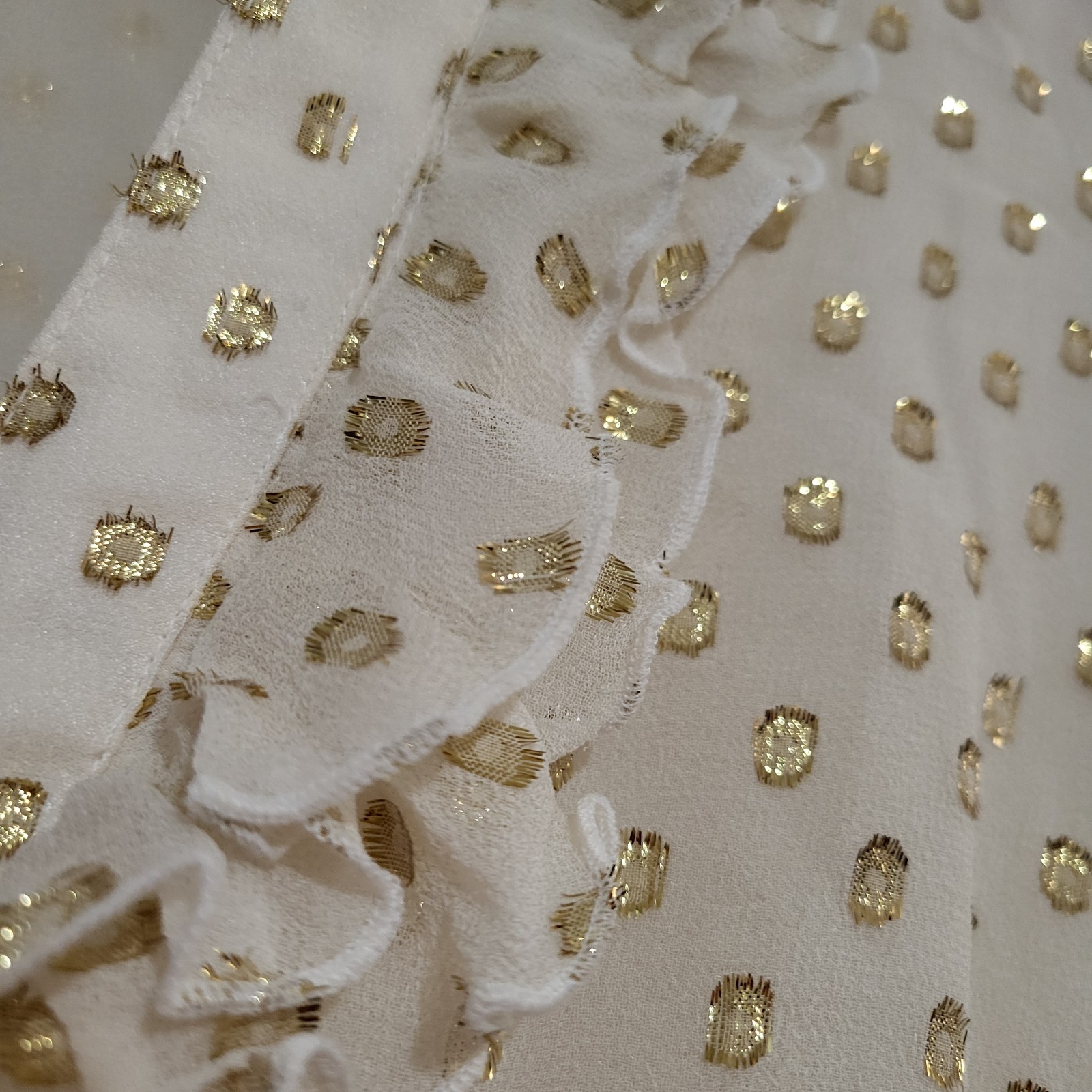 Bebe Cream Gold Ruffle Short Sleeve Button Front Semi Sheer Silk Blouse Size S