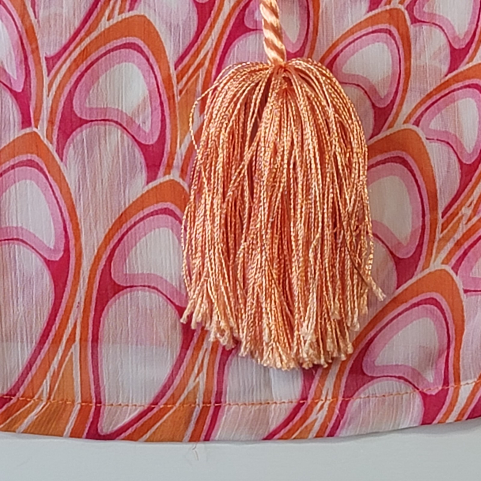 Rose & Olive Orange Pink Feather Print Sheer Blouse Medium Boho Tassel Neck