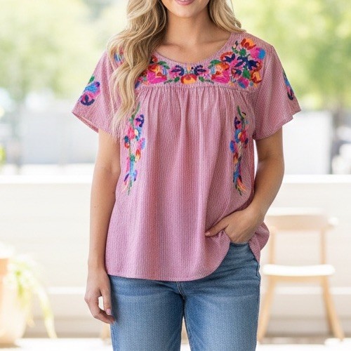 SEE N BE SEEN Red Pinstripe Embroidered Bohemian Festival Cotton Top 1x