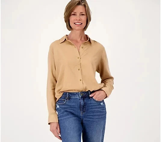 Candace Cameron Bure Coast Linen Blend Boyfriend Shirt Warm Tan Petit 1X A513703