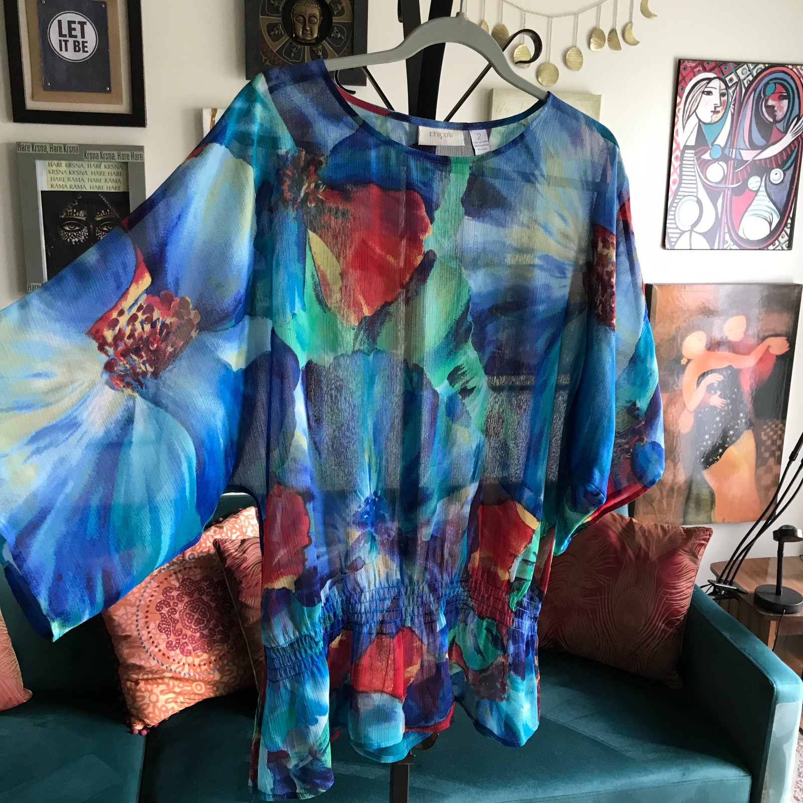CHICO’S size 2 / L Sheer Blue Green & Red Floral Smocked Kimono Sleeve Blouse