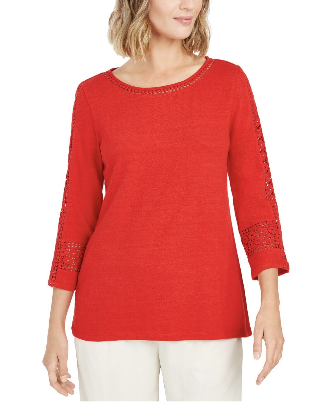 Charter Club Women’s Crochet-Inset Top Ravishing Red Sizes XS, L, XL