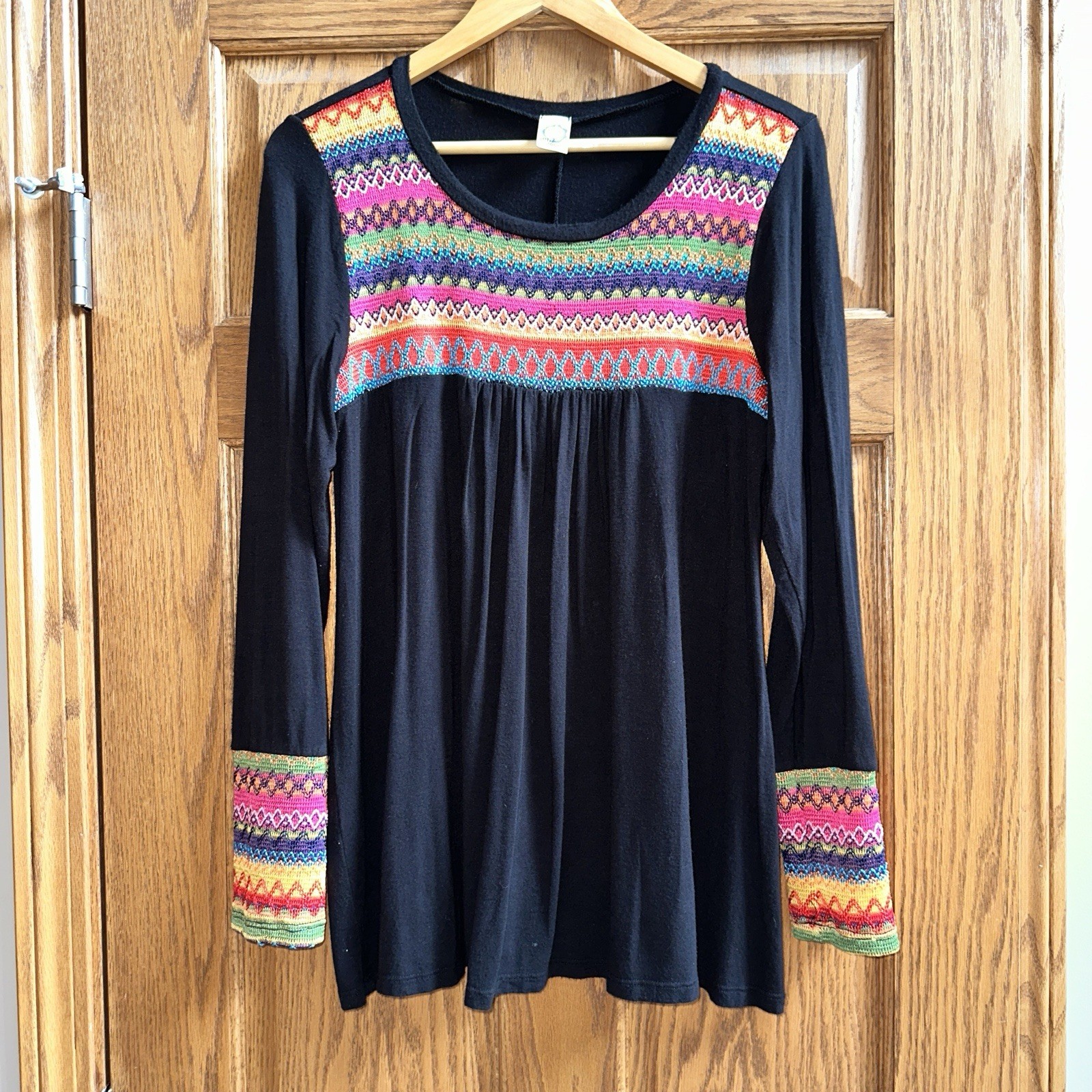 Boho Festival Hippie Tunic Top Colorful Black Embroidered Womens M/L Sun & Moon