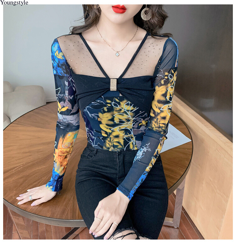 Sexy Korean Women Mesh Rhinestone Slim Casual Party Cocktail Tops Blouse Shirts