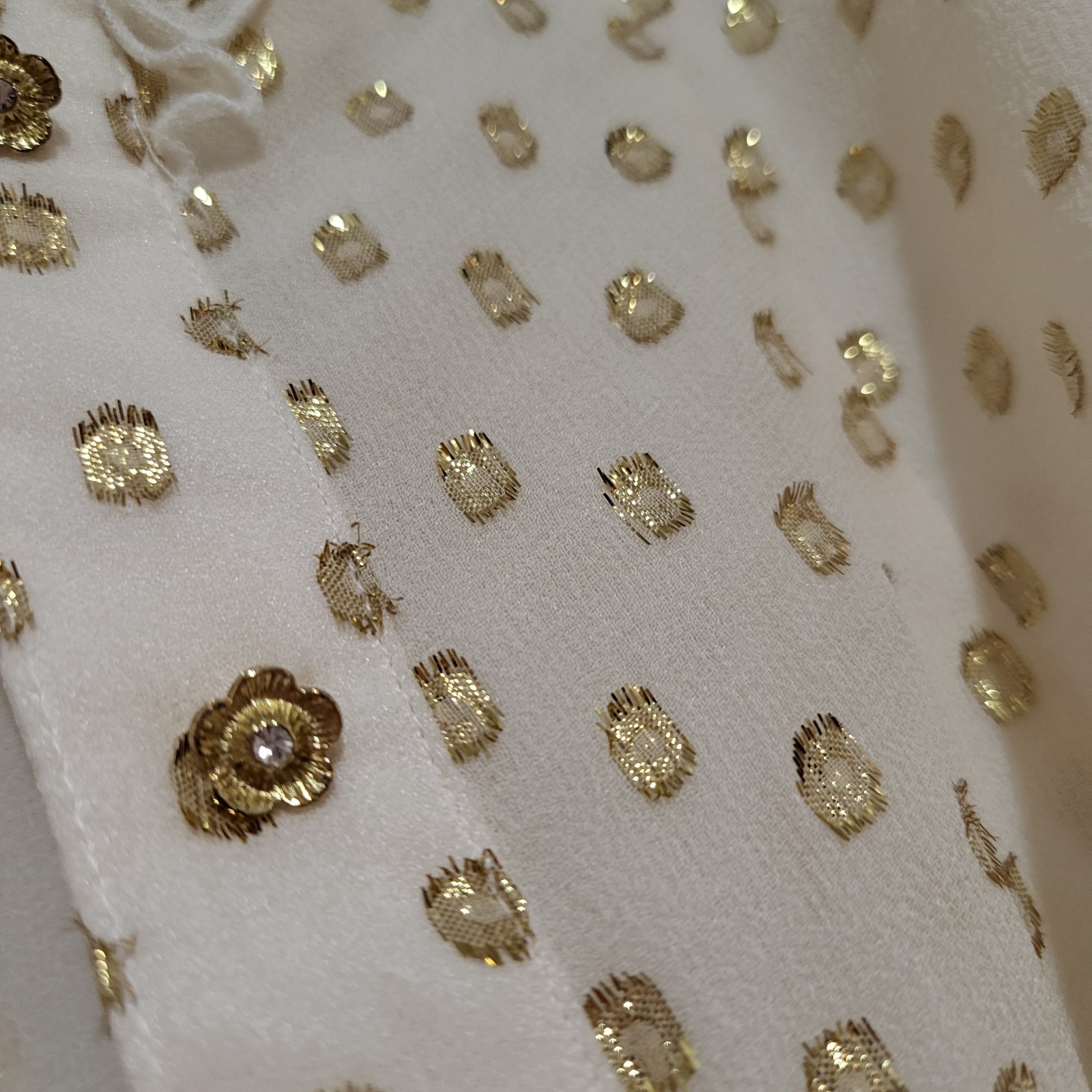 Bebe Cream Gold Ruffle Short Sleeve Button Front Semi Sheer Silk Blouse Size S