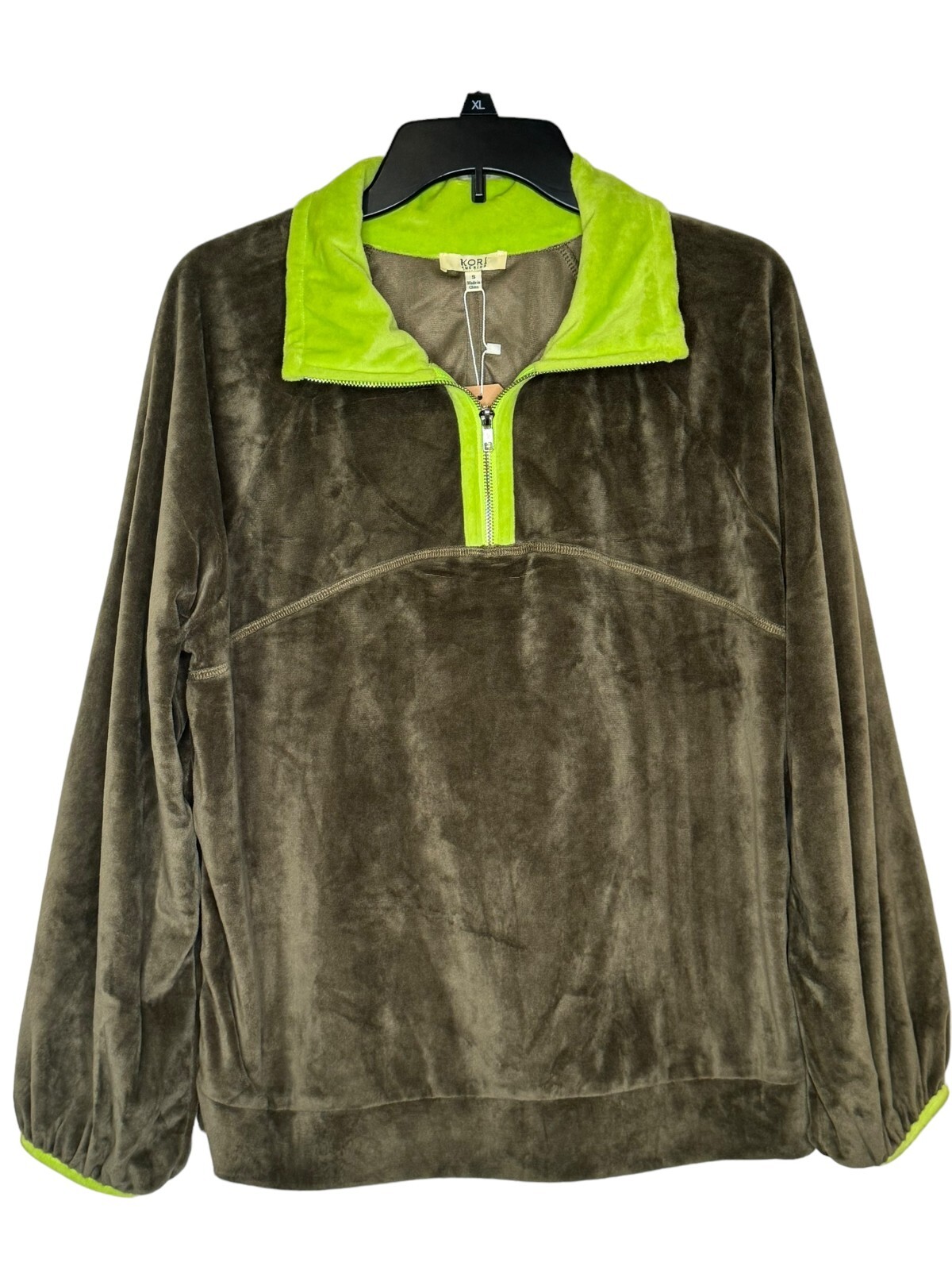 Kori America Women’s Top Half Zip Velvet Pullover Long Sleeve Green Small NWT
